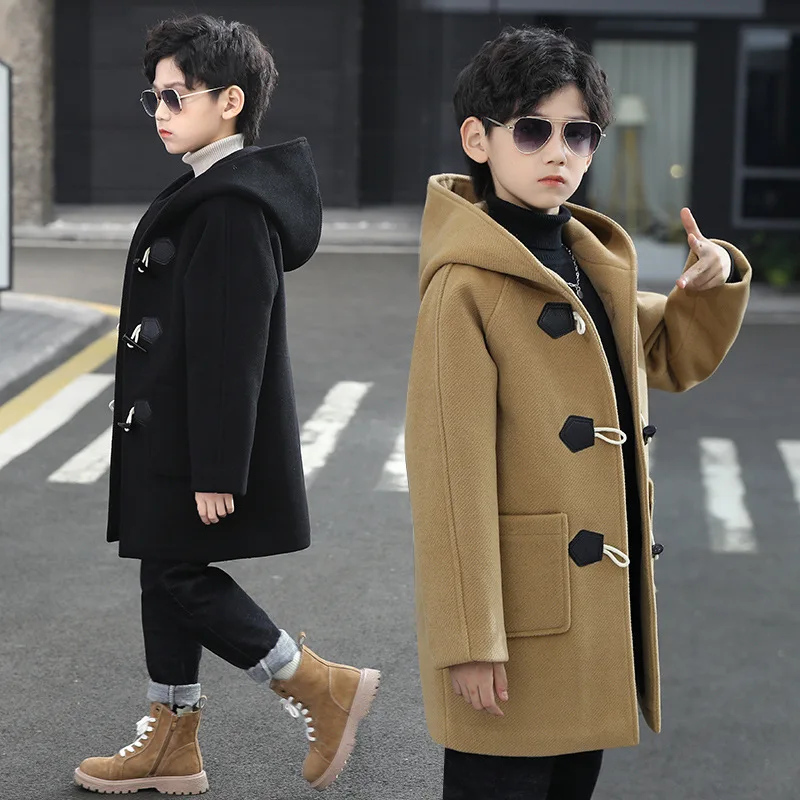 

2023 Autumn Winter Boys Wool Coat Mid-Length Solid Color Fashion Single Breasted Hooded Windbreak For 4-14Y Kids Handsome Parka