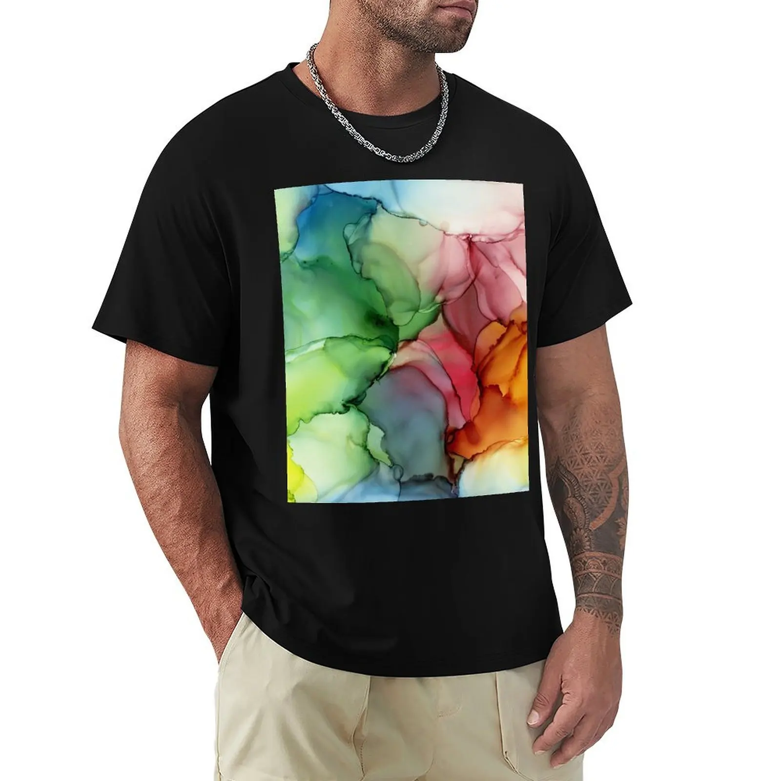 

Stormy Spectrum Abstract Rainbow Painting T-Shirt street wear cotton graphic tees t shirts for men cotton