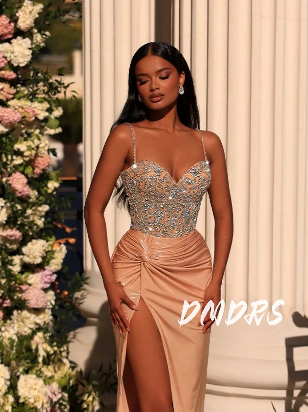 

Sexy Thin Straps Pleated Skirt Customized Formal Occasions Evening Dress Glitter Crystals Fitted Waist Beautiful Prom Gown