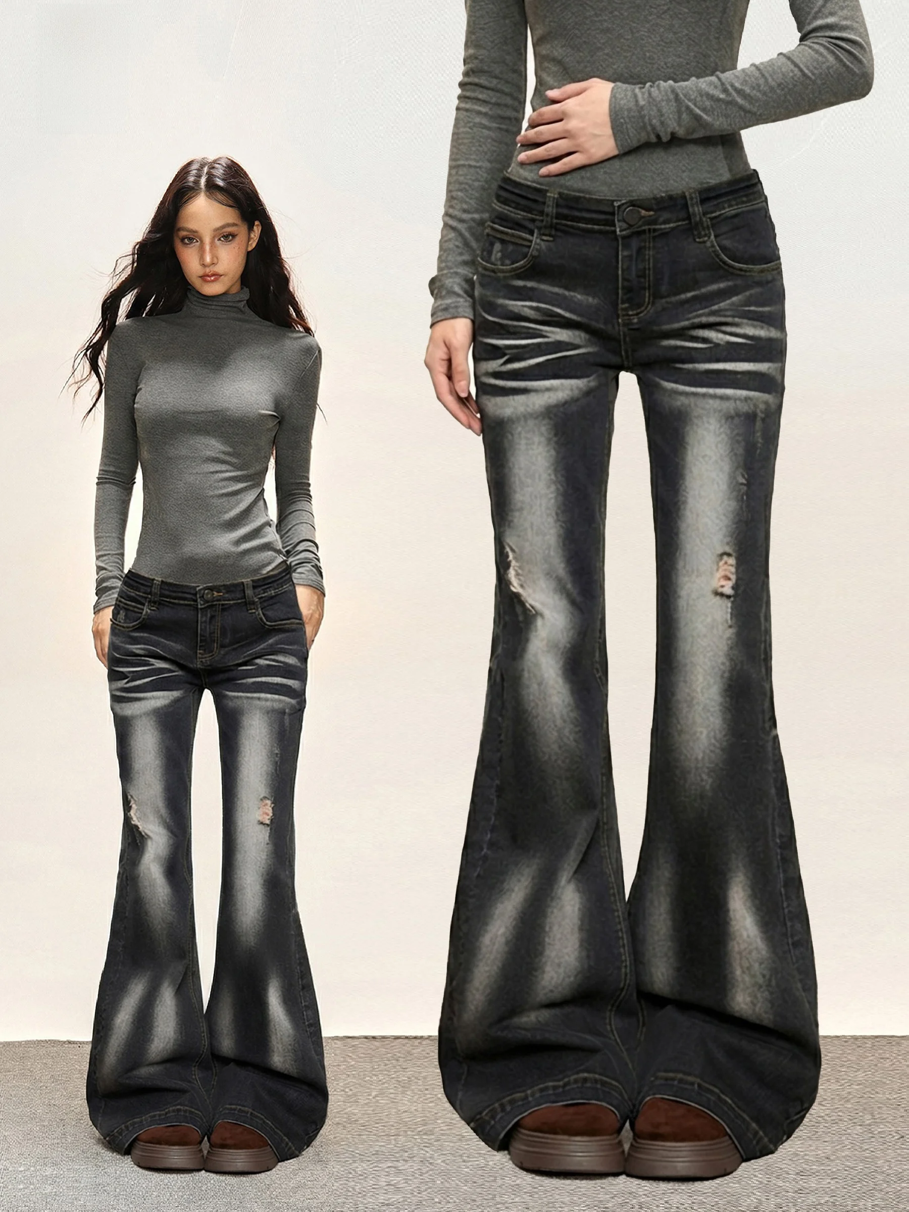 

Джинсовые джинсы с низкой талией, женские осенне-зимние утягивающие брюки-колокольчики, американские брюки, износостойкая застежка-молния