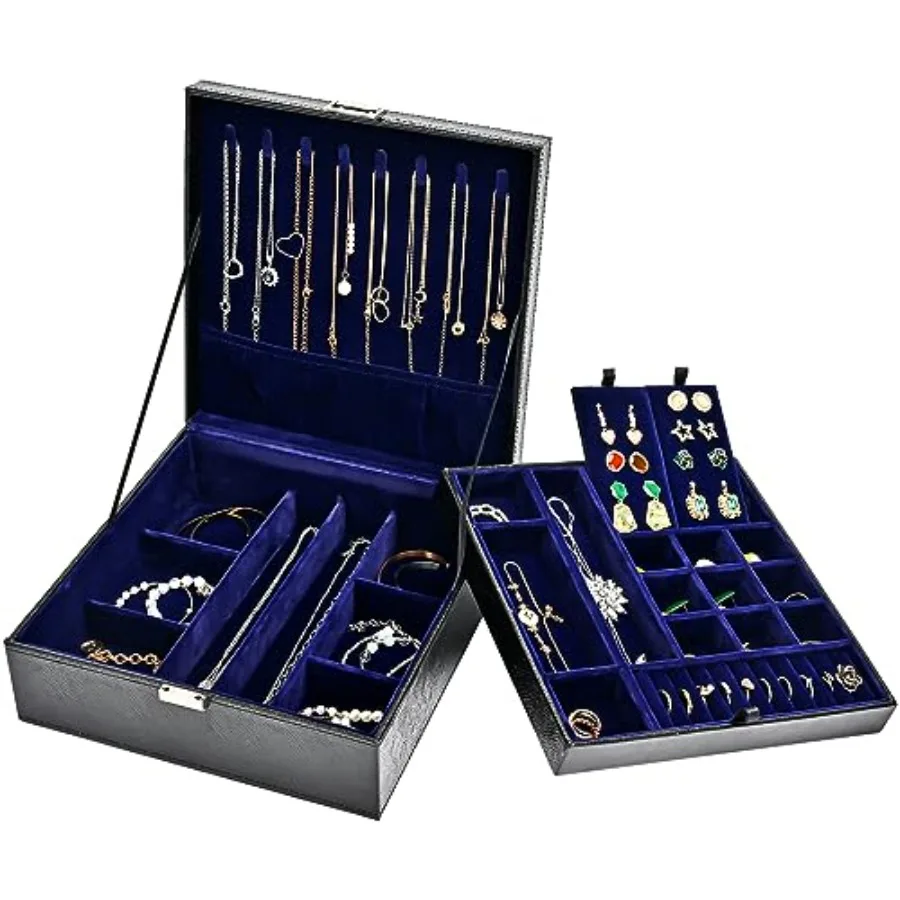 

Шкатулка для драгоценностей для женщин, 2-слойный большой кожаный органайзер для ювелирных изделий, чехол со съемной подушечкой для сережек -Lizardblack