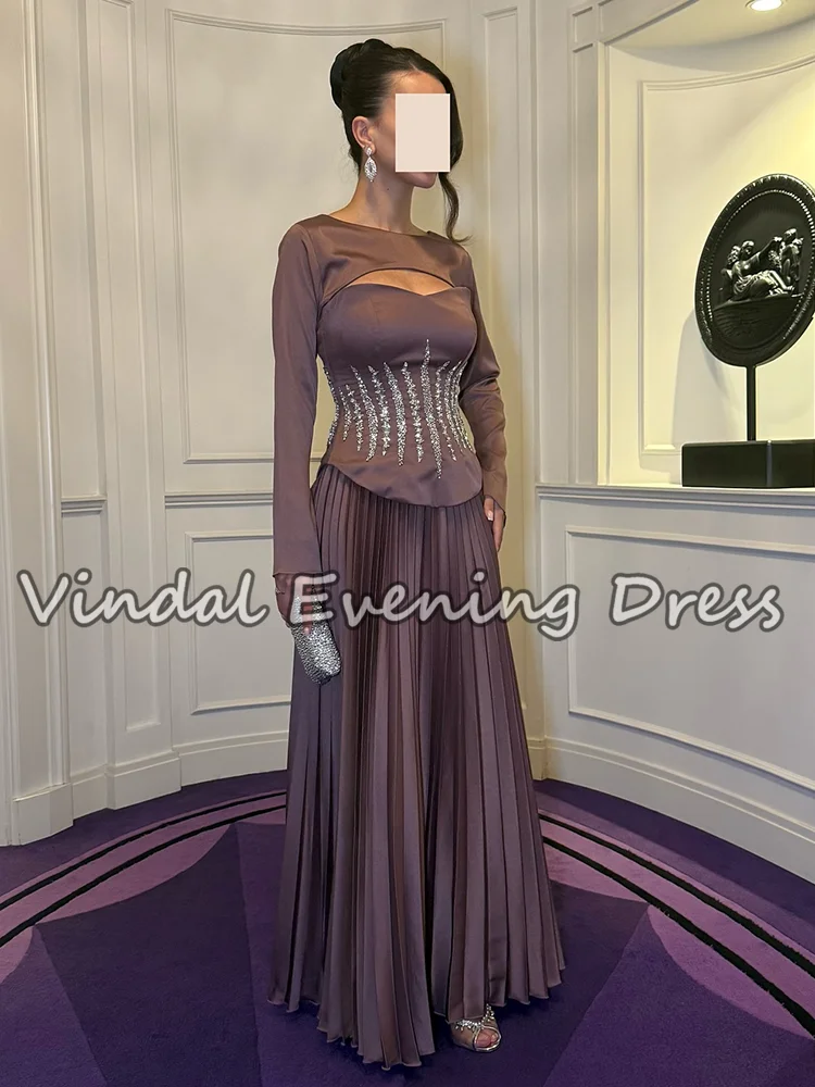 فساتين حفلات مسائية أنيقة من Vindal مزينة بالترتر على شكل حرف a ورقبة سكوب وأكمام طويلة كلاسيكية للنساء مناسبة حسب الطلب #3