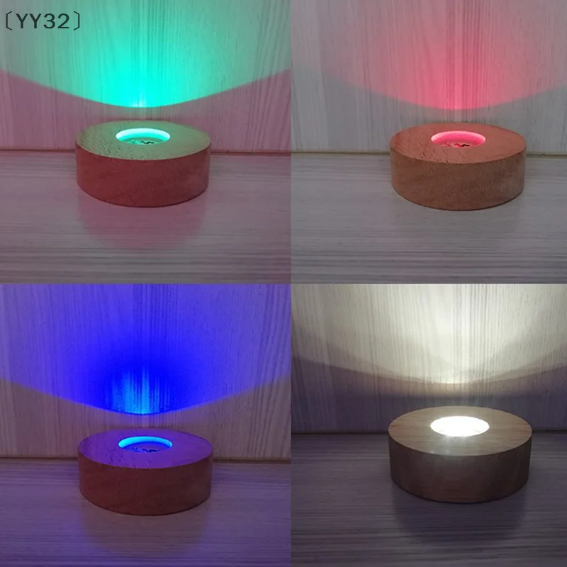 〔YY32〕8cm Round Wooden LED Light Dispaly Base Stand Holder 3D Table Night Lamp Base Crystal Glass Resin Art Ornaments