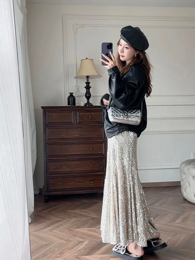 Korobov Silver Sequin A-line Fishtail Skirt Vintage Skirts for Woman Long Dress Korean Fashion Y2k Clothing Faldas Para Mujeres