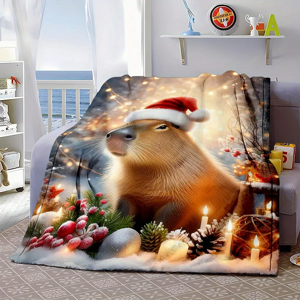 Adorable Capybara in Santa Hat Christmas Throw Blanket - Cozy Flannel, All-Season Comfort for Sofa, Bed, Office Nap - Festive