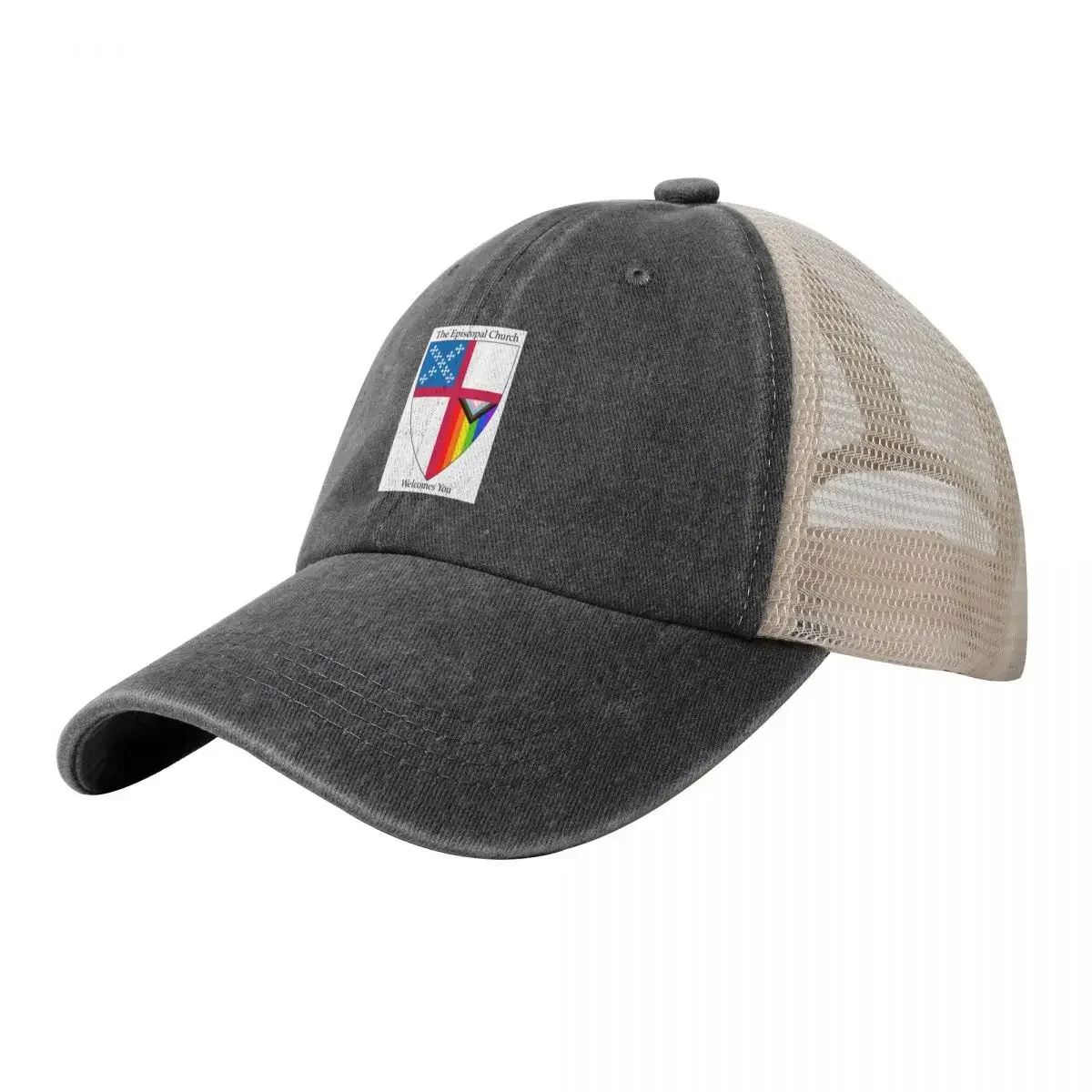 Episcopal Church Shield with Progressive Pride Flag Vertical Rainbow - Welcomes You 2 Cowboy Mesh Baseball Cap