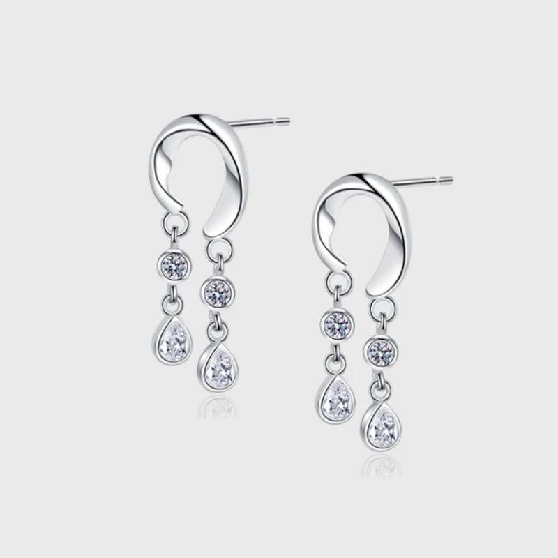 

Light Luxury Style Water Drop Tassels S925 Sterling Silver Stud Earrings Long Chain White Zirconium Ladies' Earrings