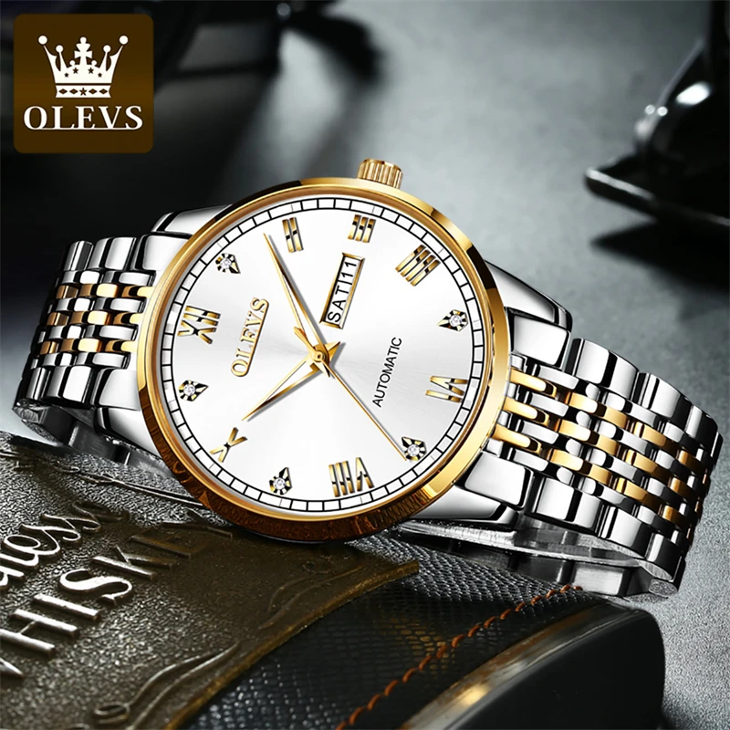 OLEVS-reloj mecánico de acero inoxidable para hombre, accesorio Masculino de marca de lujo, resistente al agua, ideal para negocios