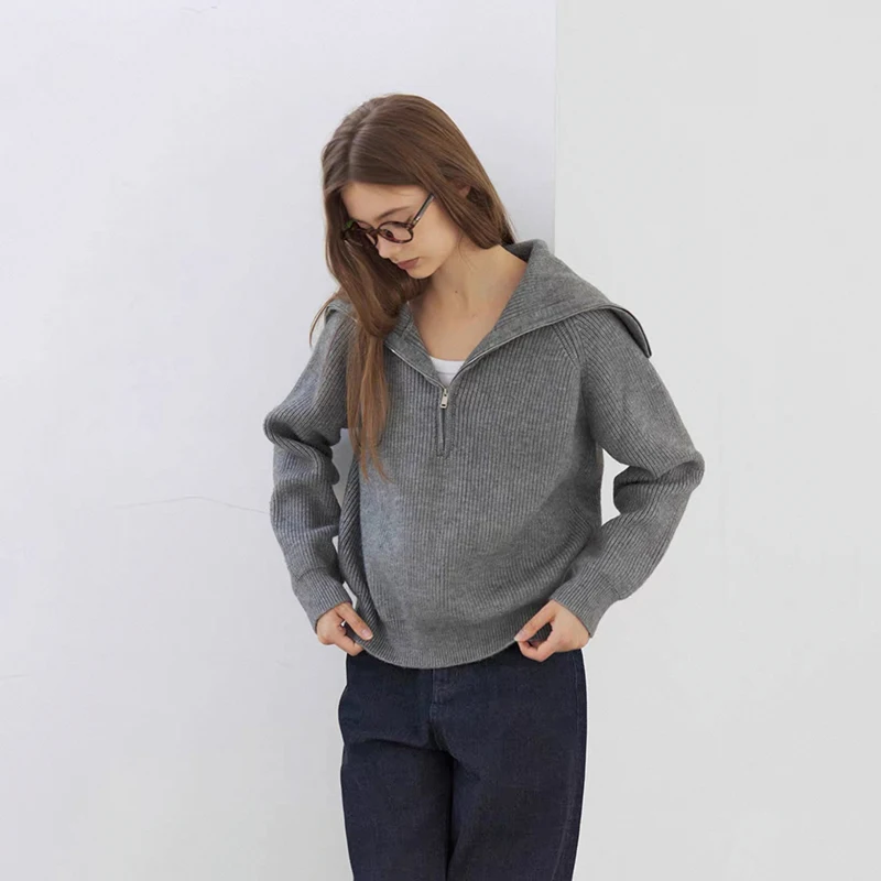 Vintage Lapel Zipper Knit Sweater for Women Autumn Thick Loose Casual Gray Pullover Female Korean Long Sleeve Simple Jumpers