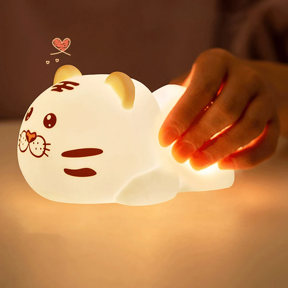 Silicone Tiger Lamp  LED Patting NightLight with Remote USB Charging Cartoon Atmosphere Light for Children Kids Holiday Gifts