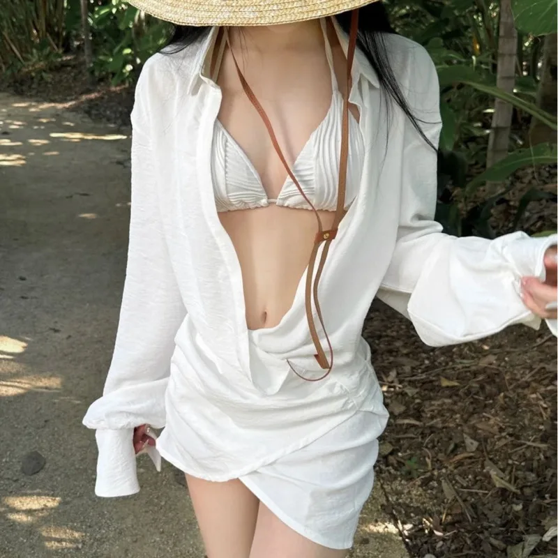 

Low-waisted Women Bikini Set Push Up Stretch Nylon Quick Dry Summer Beach Swimming Pool Vacation Flowy White Two Piece Swimsuit