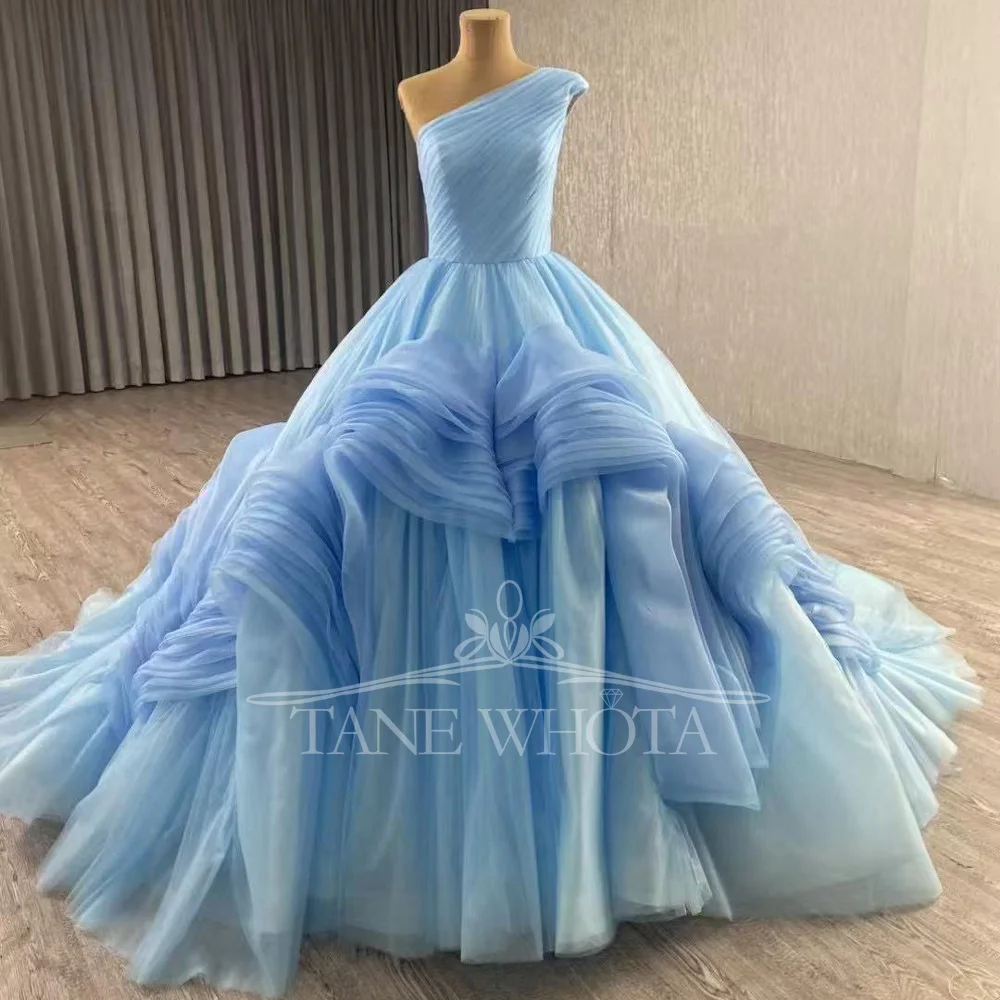 Abito da sera monospalla di lusso 2025 Abito blu con lacci sul retro increspato personalizzabile per occasioni speciali