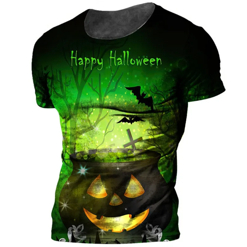 Halloween Pumpkin Lamp Printed Oversized T Shirt For Men Fashion Horror Dress Up Parent-Child Clothing Short Sleeve O-neck Tops