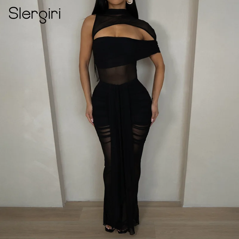 Slergiri Abito da donna sexy con scollo a lupetto in rete con spalle scoperte, festa da sera, elegante tubino aderente con volant, maxi abiti lunghi