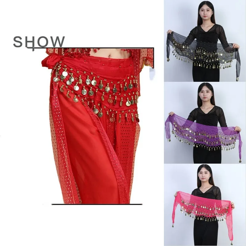 Sexy Belly Dance Gold Sequins Chiffon Skirt Tassel Waist Chain Belts Indian Dance Wrap Clubwear Show Party Hip Scarf Costumes