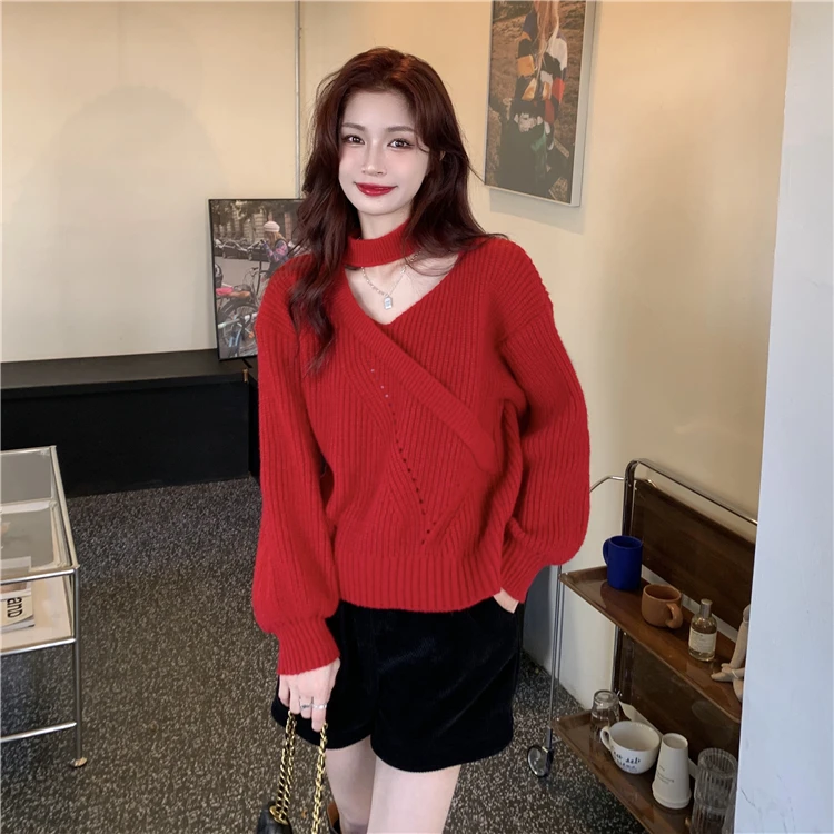 

Retro Red Cisas Knitted Sweater Women's V-Ne Crossbody Aosphere Pure Desire Faionable Winter Top Commute Sle