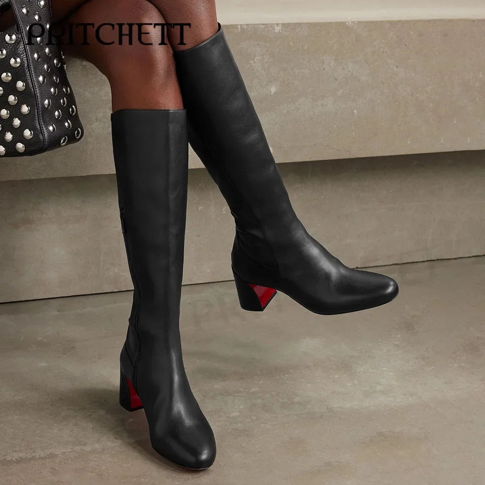 Black Solid Color Simple Knee-High Boots Rear Zipper Thick Heel Fashionable Leather Boots Personality Casual Women's Boots