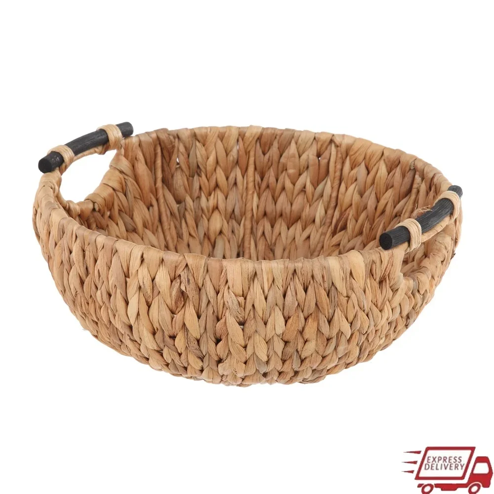Natural Woven Water Hyacinth Decorative Bowl with Wooden Handles Home Storage Floral Centerpiece Kitchen Dining Table