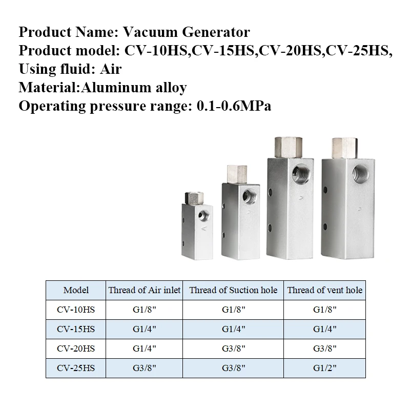 CV-10HS 15HS 20HS 25HS Com 6mm 8mm 10mm 12mm Conector Gerador de Vácuo Ventosa Válvula de Vácuo de Controle de Pressão Negativa