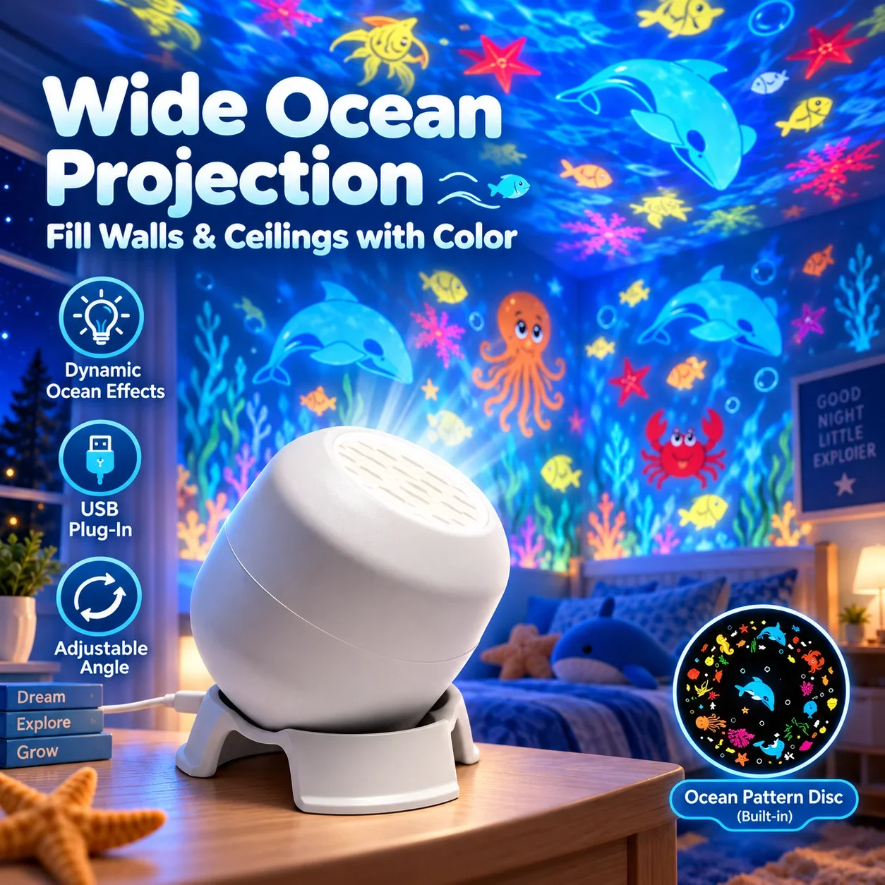 LED Ocean Projection Lamp USB Plug-In Dynamic Rotating Night Light Wall Ceiling Projector for Kids Bedroom Home Party Decoration