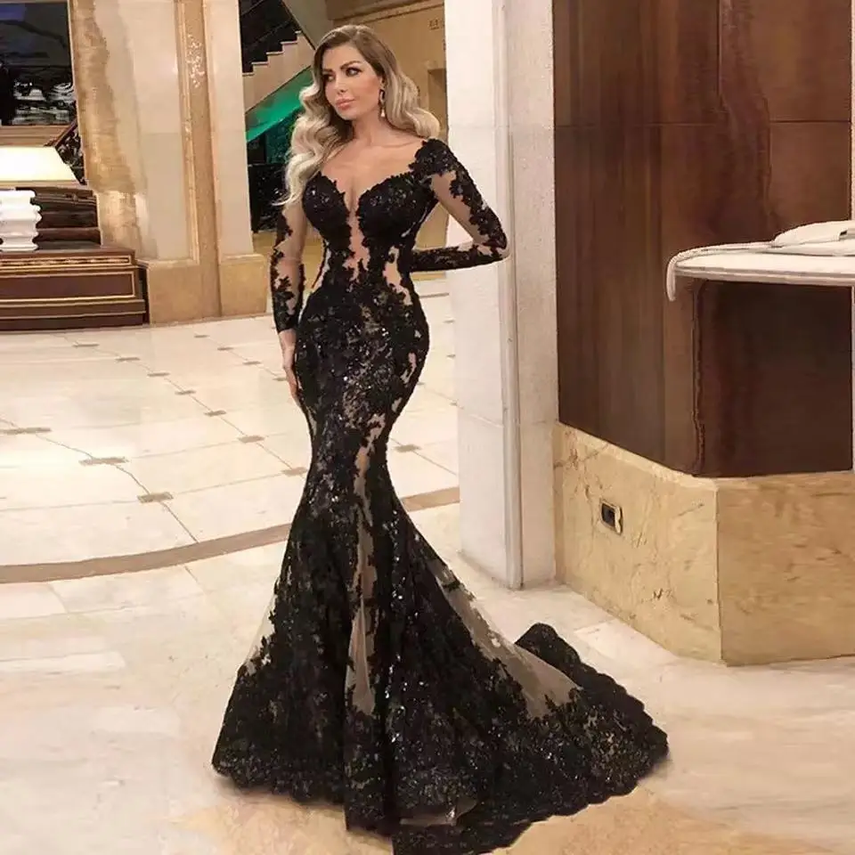 Customized 2024 Sexy Mermaid Formal Evening Dresses Long Sleeves Lace Appliques Party Prom Gown Sweep Train Robes De Soirée