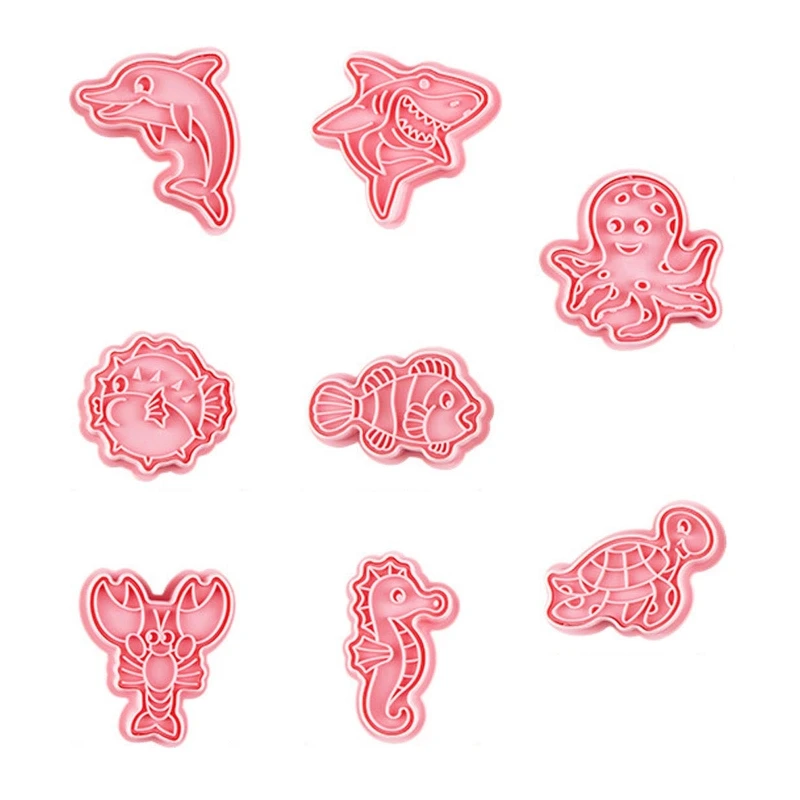 Set of 8 Sea Animal Theme Cookie Cutters Fondant Cutters Cookie Stamps Plastic Baking Tool Perfect Gift for Baking Lover