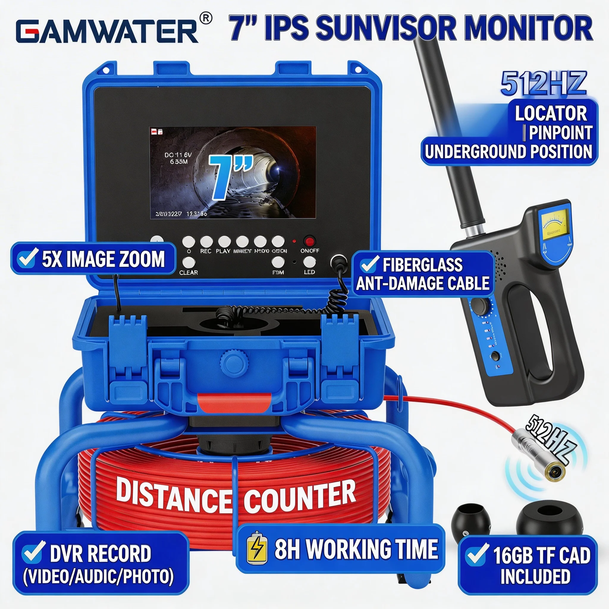 

Sewer Inspection Camera 512Hz Locator DVR 7" Monitor 20M Fiberglass Cable 1080P AHD Pipe Endoscope Waterproof Video Snake Camera