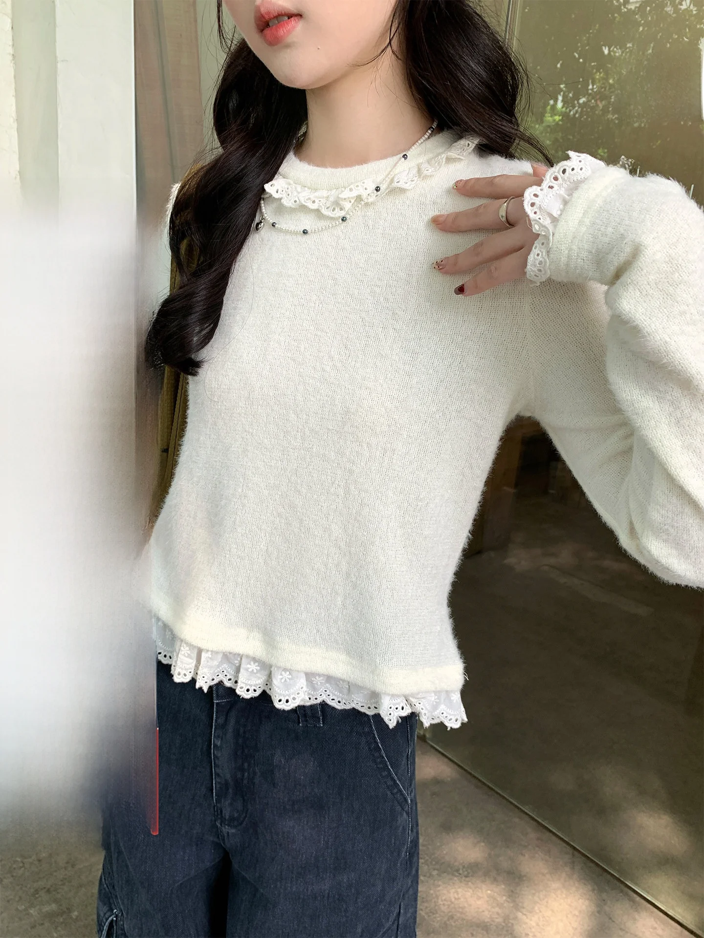 

Женская футболка Holli Korean Sle Soft Floral Lace Long Sve, осенне-зимняя новинка, нежный дизайн, простая модель, футболка-база