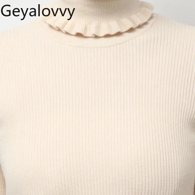 Pull polyvalent à Base de couleur unie pour filles, doux, polyvalent, mignon, bord à volants, haut tricoté fin, nouvelle collection automne hiver