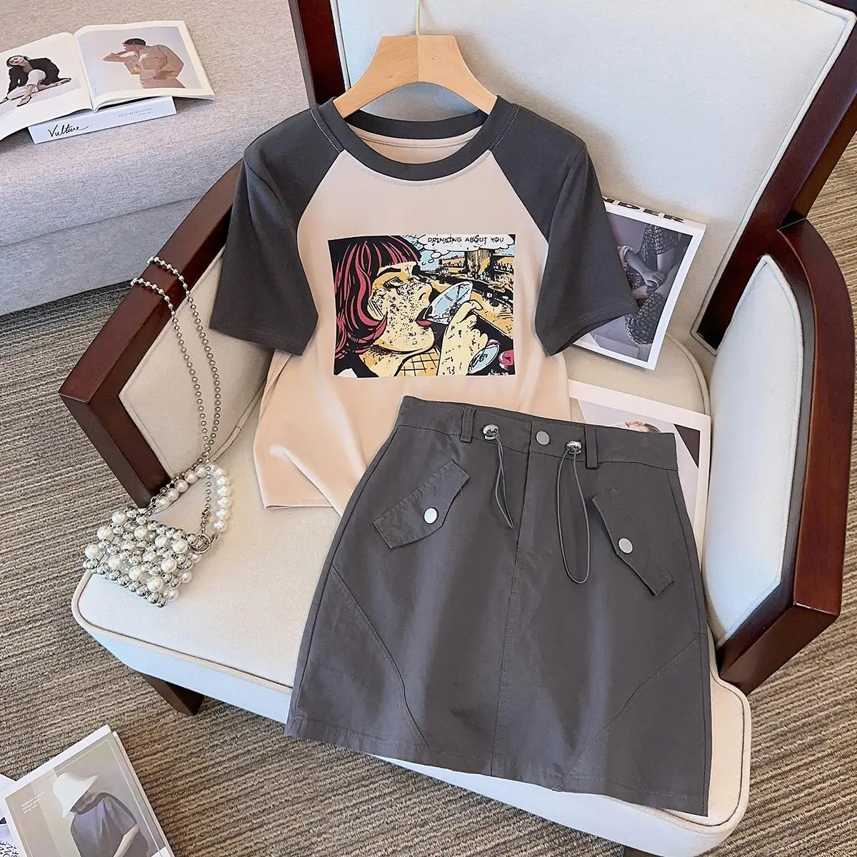 

Women Vintage Y2K Suit Girl Print T Shirt Top And Mini A Line Skirt Two Piece Set Female Matching Outfits Summer Clothing 2023