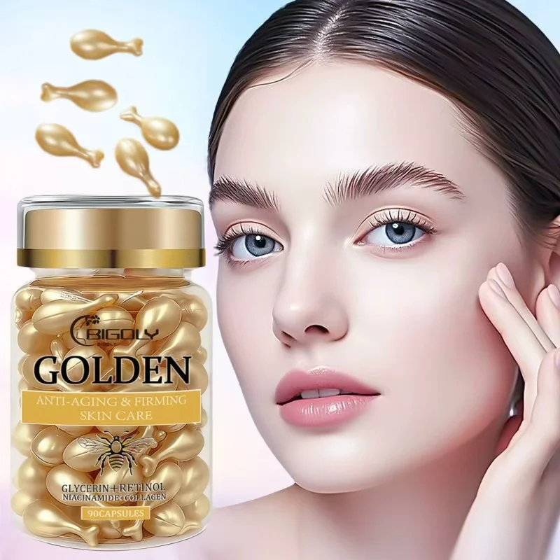 Golden Skincare Capsules Containing Retinol, Niacinamide, Glycerin, Collagen, Individually Packaged Fresh-Keeping Serum, Easy to Apply and Absorb, for Daily Facial Care at Home, 90 Capsules, 1 Piece