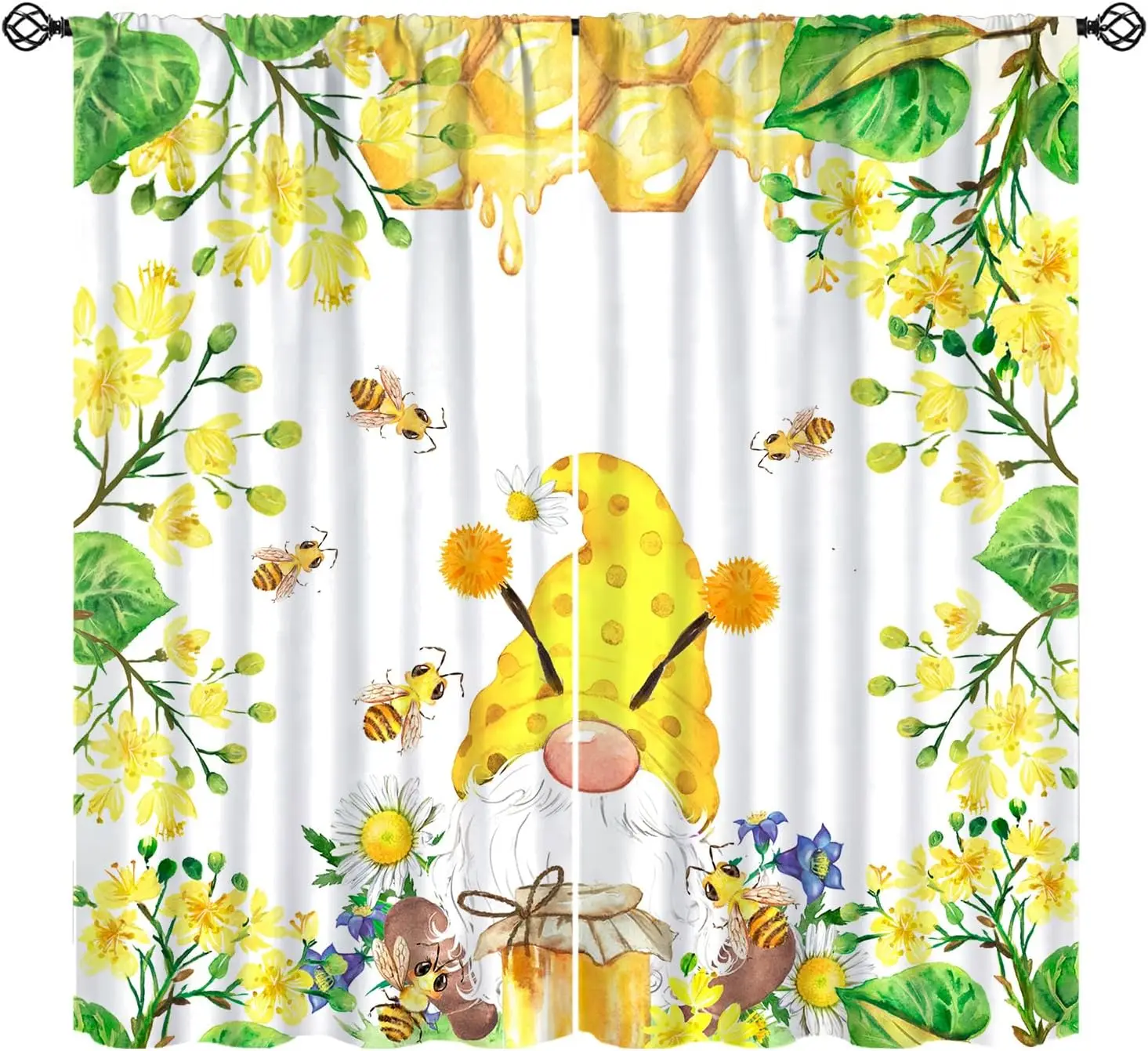 Whimsical Bee Floral Pattern Spring Watercolor Curtain 2pcs Drapes Cottagecore Style Yellow Gnome Window Accent