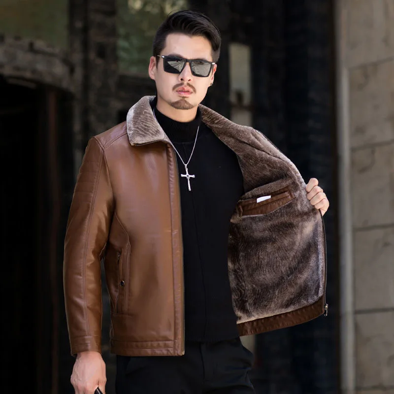 2023 Winter New Middle-Aged Men Leather Coat Men Fleece Lined Padded Warm Solid Color Leather Jacket Casual Versatile Outerwear