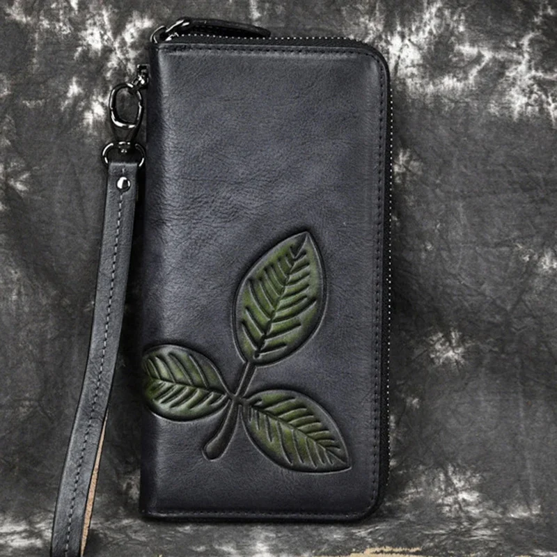 Women Real Cowhide Clutch Wallets Card Holders Printing Greenery Handy Vintage Genuine Leather Long Zipper Purse