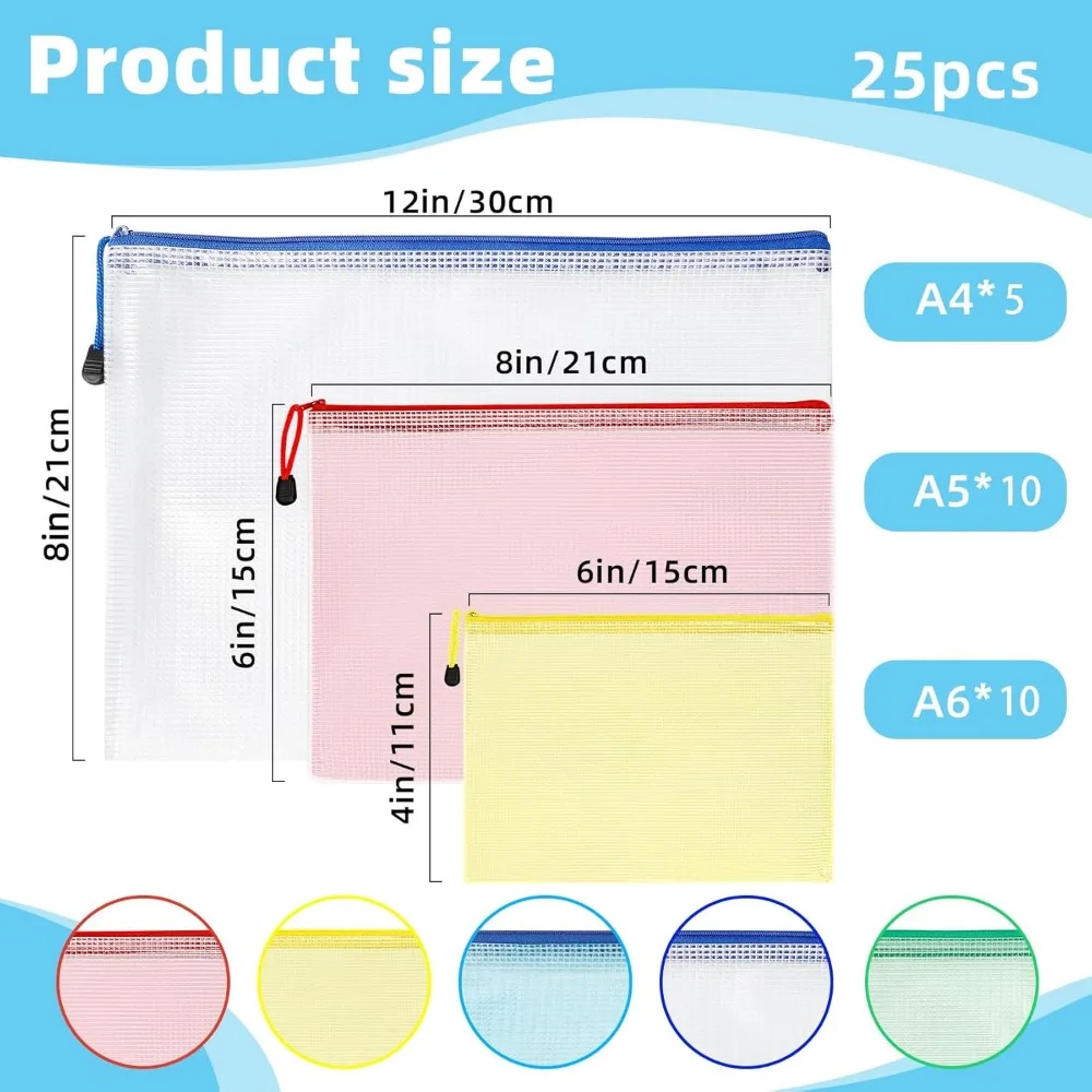 메쉬 지퍼 파우치 가방, 25 PCS 방수 지퍼 파우치 5 색 플라스틱 지퍼 가방 투명 메쉬 보관 주머니 모듬 색상