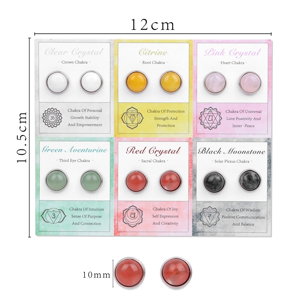 6 pairs/Set Fashion Ear Studs 8mm Natural Stone Agat Quartzs Earrings Set Elegant Colorful Bead Earrings for Women Jewelry Gift