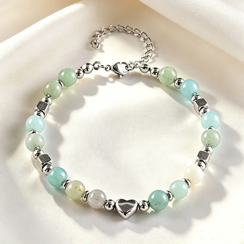 Cute Love Heart Natural Stone Beaded Bracelet Stainless Steel Adjustable Chain Bracelet Retro Daily Wear Jewelry for Women Gifts