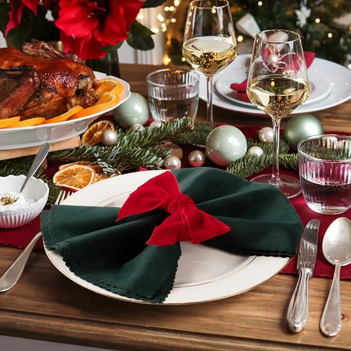 ABJS 6Pc Red Bow Xmas Napkin Holder Rings Chic Flannel Napkin Buckle for Birthday Party Wedding Dining Table Decoration