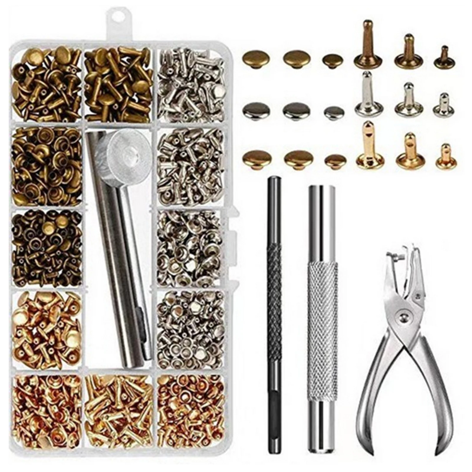 

300 Sets Leather Rivets Double Cap Rivet Tubular Metal Studs with Punch Pliers Fixing Set Tools for DIY Leather Craft Furniture