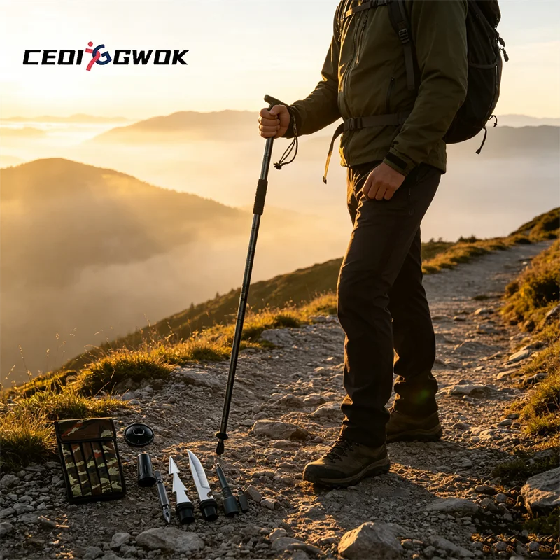 CEOI GWOK Ultralight Adjustable Trekking Pole Foldable Walking Stick with Cork T Grip for Hiking and Backpacking