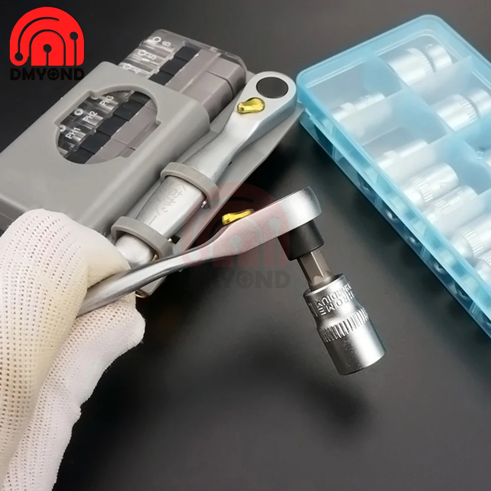 Mini Portable Ratchet Screwdriver Set With S2 Screwdriver Bits 90 Degree Reversible Drive Handle Multi Ratchet Hexagonal Wrench