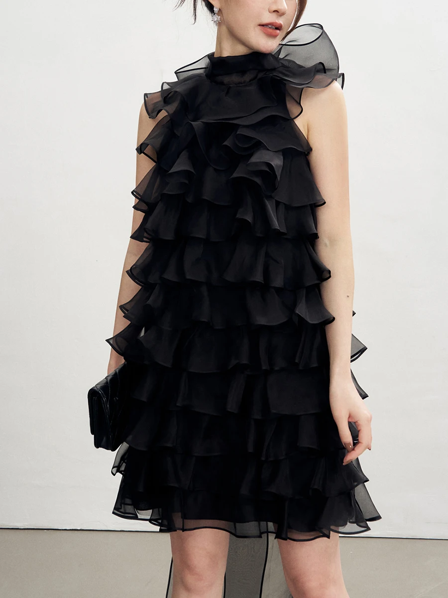 TWOTWINSTYLE Solid Patchwork Ruffles Mini Dresses For Women O Neck Sleeveless High Waist Temperament Dress Female Fashion New