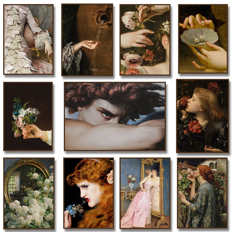 Alter Vintage Woman Portrait Poster Baroque Moody French Antique Flower Fallen Angel Canvas Painting for Living Room Home Dec