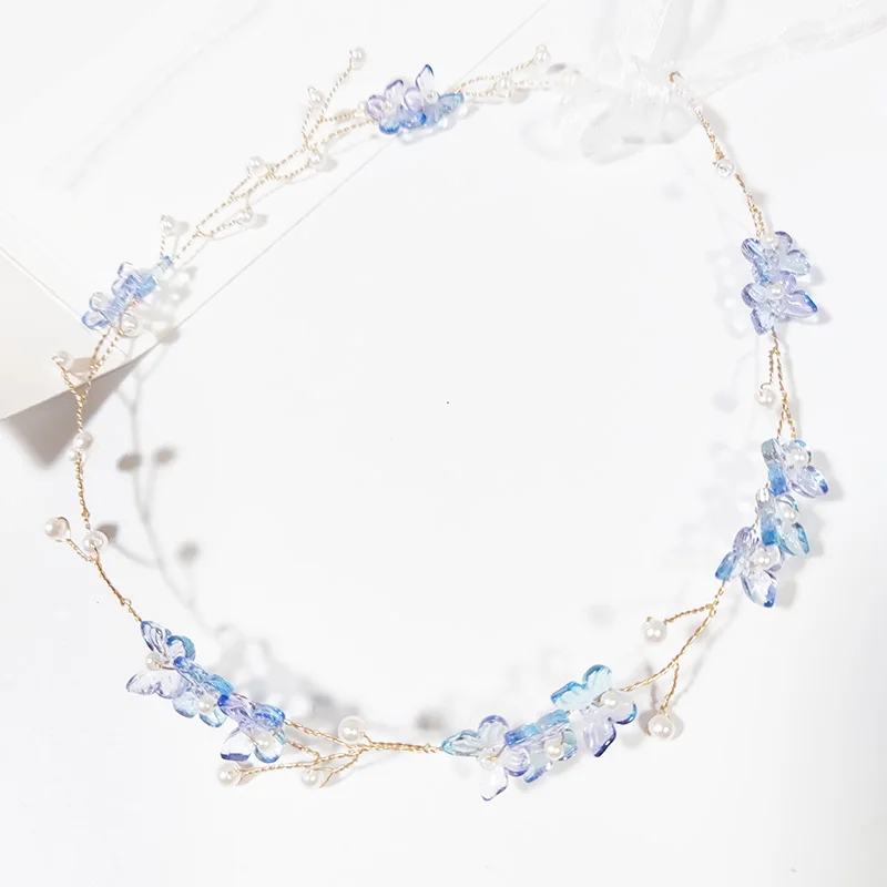 

Sweet Blue Flower Butterfly Headband Wreath Wedding Party Ladies Girls Garlands Floral Crown Hairband Hair Accessories for Women