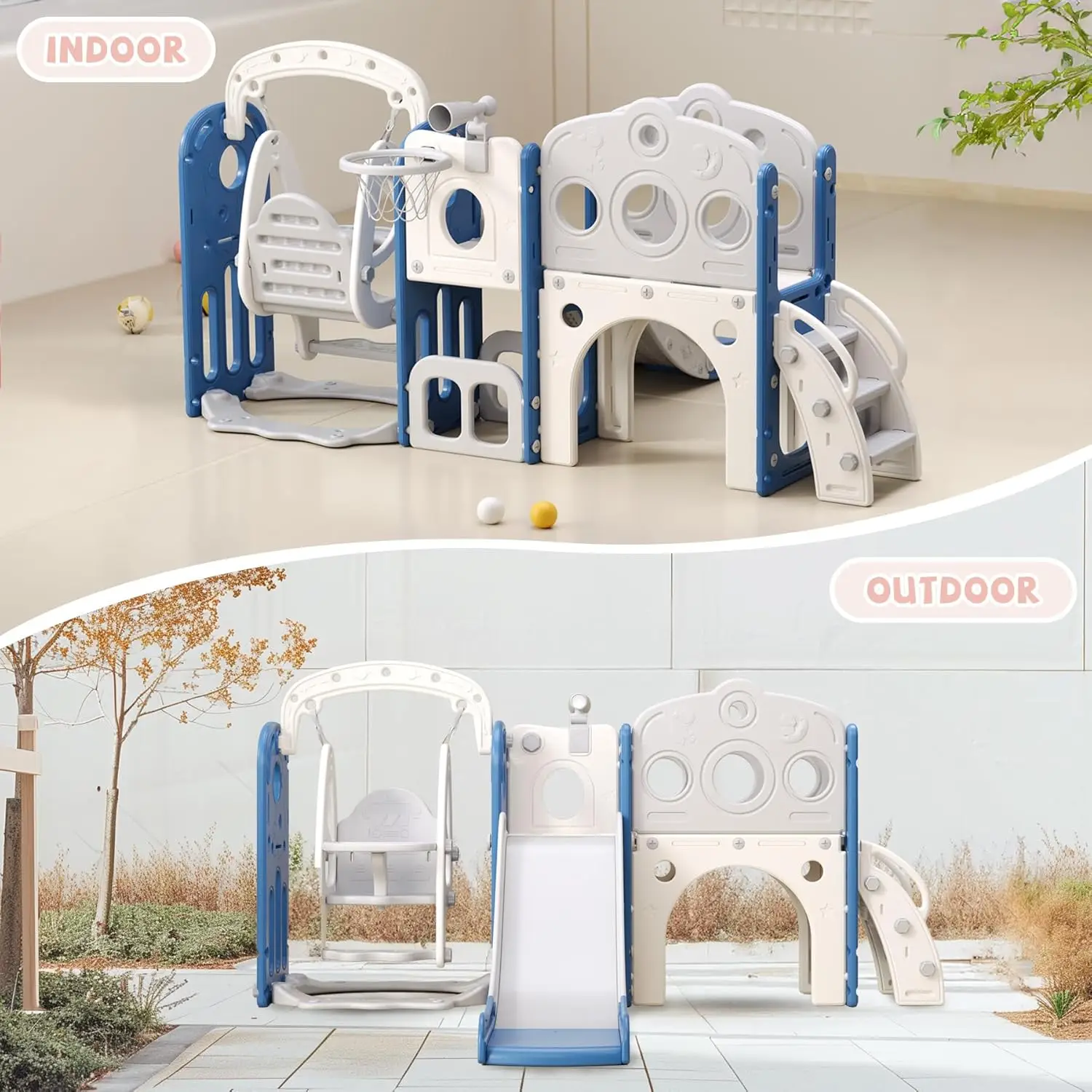 Slide para crianças, balanço e escorregador para crianças, conjunto interno e externo para crianças com cesta de basquete e conjunto de bola