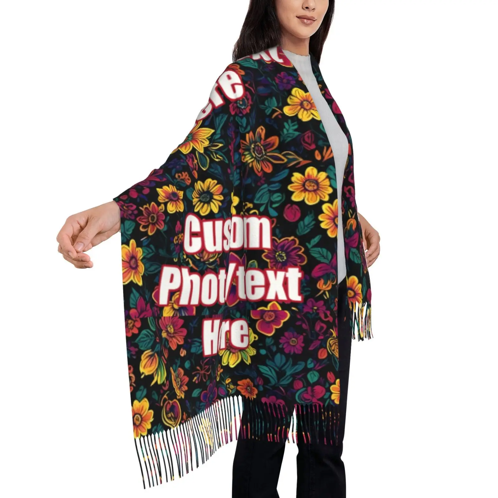 Custom Scarf Women Winter Fall Warm Luxury Shawl Wrap Your Design Photo Text Logo Tassel Ladies Customized Printed Scarves