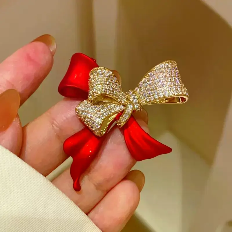 Fashion Rhinestone Red Bow Brooches For Women Clothing Coat Party Jewelry Accessries Gifts