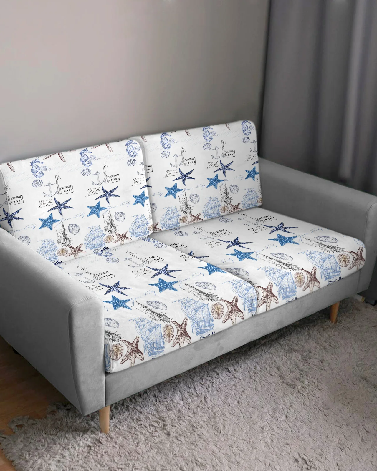 Marine Texture Seashells Starfish Seahorse Sofa Covers for Living Room Elastic Seat Cushion Cover Slipcovers L Shape Sofa Cover