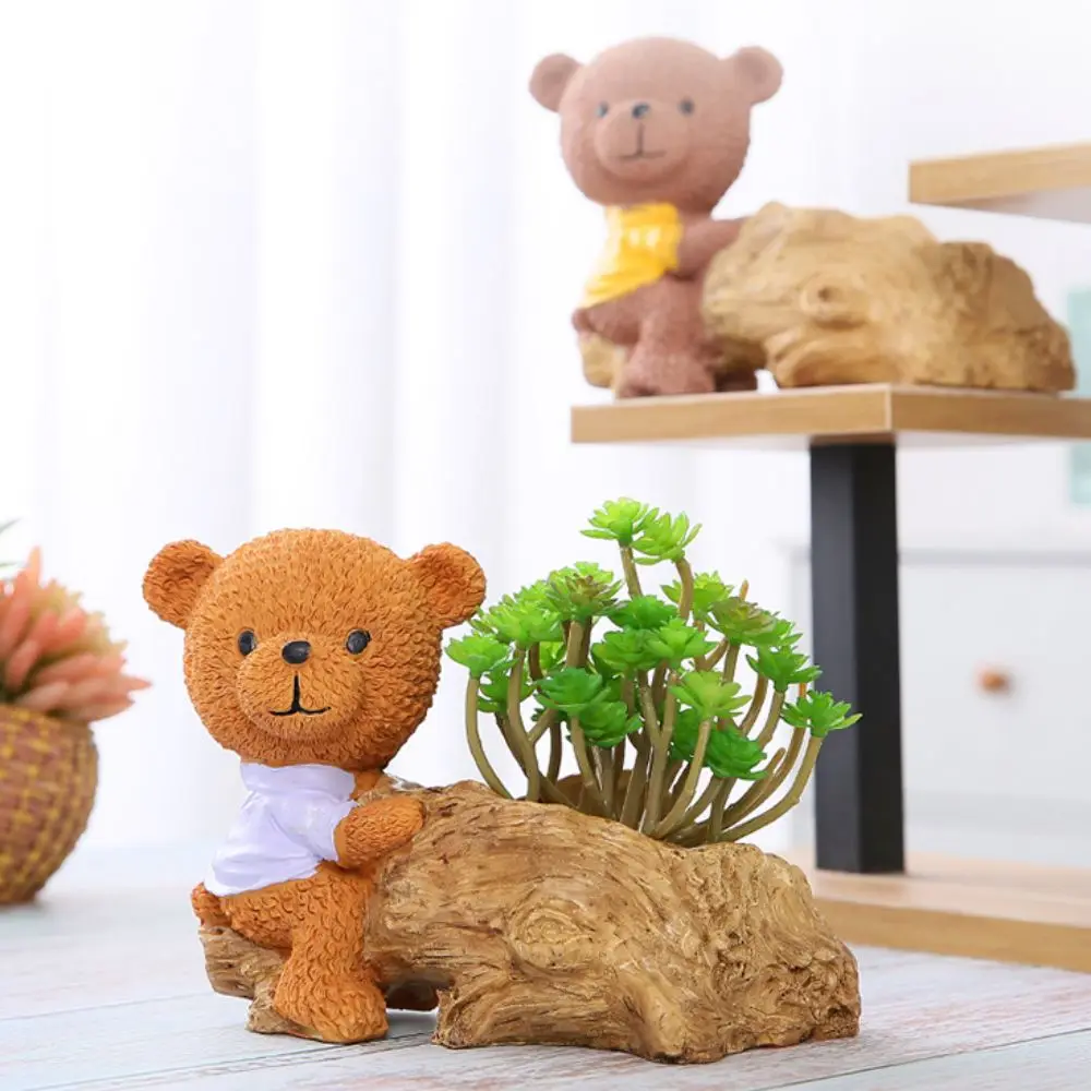 Natural Style Bear Rabbit Figurine Resin with Drainage Holes Bunny Statue Flowerpot Basket Tree Roots Cute Animal Flowerpot