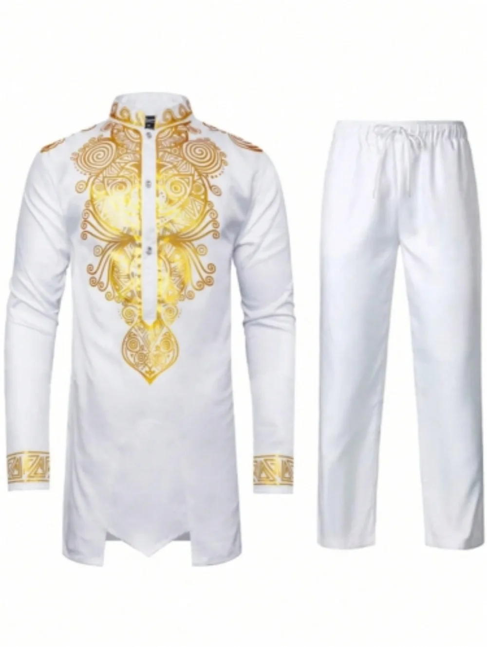 Men African Two Piece Set Traditional Suit Long Sleeve Gold Print Shirt Pants Party Africa 2024 Summer Gentleman Ethnic Outfit